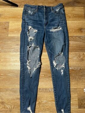American Eagle Outfitters Distressed Dark Blue Ripped Skinny Jeans